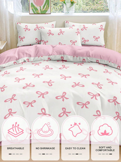 2/3pcs Bedding Set, Duvet Cover Set, Pink Bow Printed Soft & Comfortable Bedding, Sweet Girl Style Bedroom Decor, Breathable Anti-Dust Microfiber, Suitable For Single/Double/King Size Beds, Includes 1