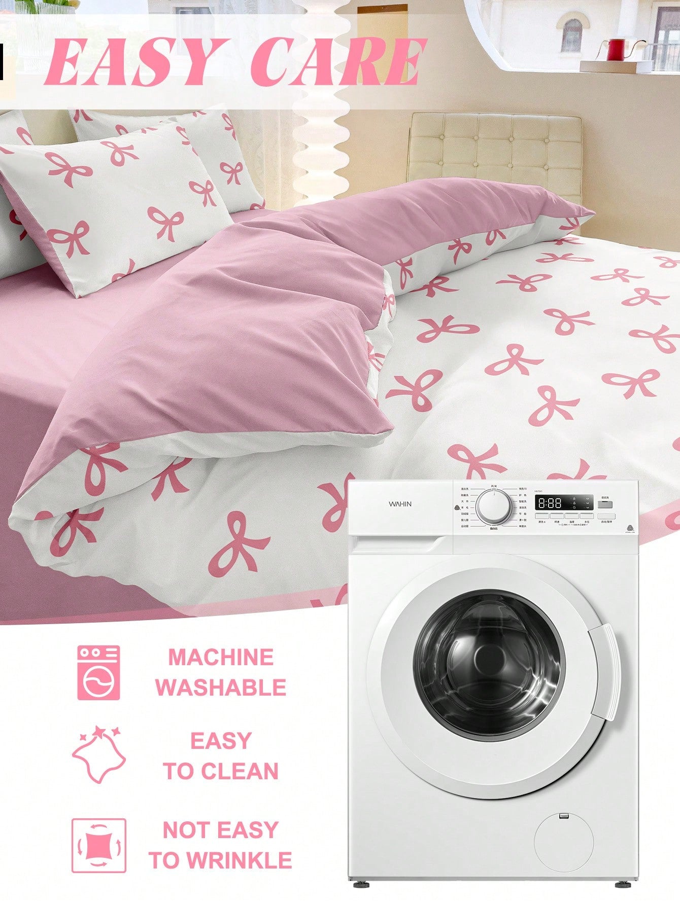 2/3pcs Bedding Set, Duvet Cover Set, Pink Bow Printed Soft & Comfortable Bedding, Sweet Girl Style Bedroom Decor, Breathable Anti-Dust Microfiber, Suitable For Single/Double/King Size Beds, Includes 1