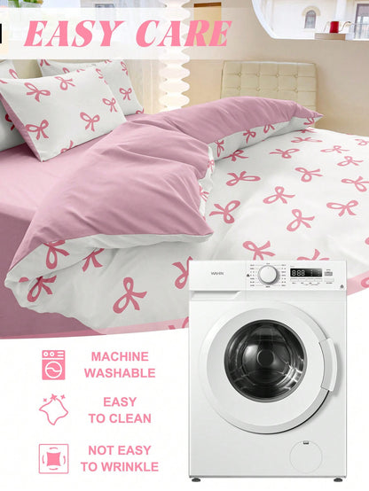 2/3pcs Bedding Set, Duvet Cover Set, Pink Bow Printed Soft & Comfortable Bedding, Sweet Girl Style Bedroom Decor, Breathable Anti-Dust Microfiber, Suitable For Single/Double/King Size Beds, Includes 1