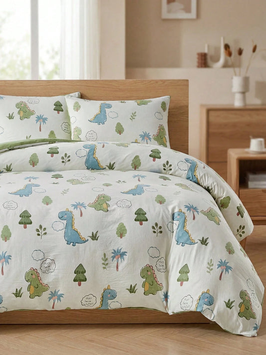 2/3pcs Cartoon Dinosaur Print Bedding Set, Cute Dinosaur Bed Linen Set, Suitable For Children All Seasons, Soft & Breathable, Machine Washable (1 Duvet Cover + 1/2 Pillowcase)