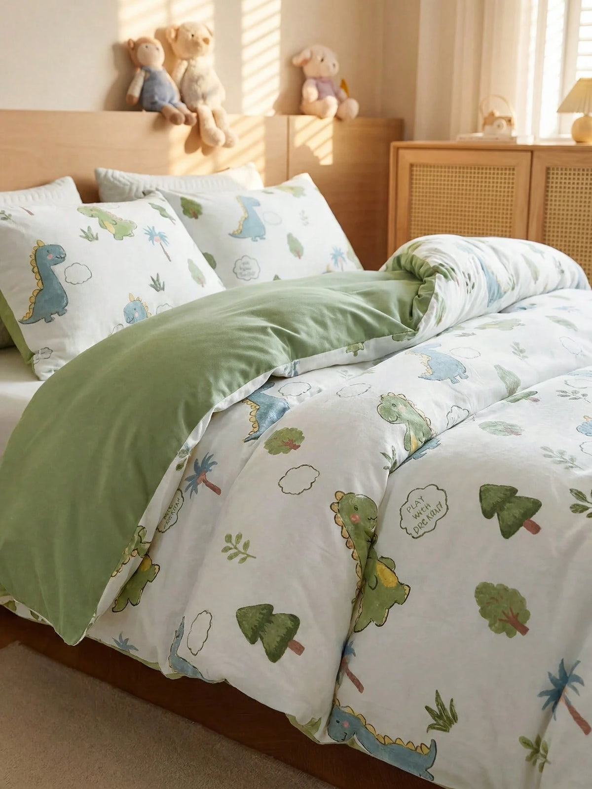 2/3pcs Cartoon Dinosaur Print Bedding Set, Cute Dinosaur Bed Linen Set, Suitable For Children All Seasons, Soft & Breathable, Machine Washable (1 Duvet Cover + 1/2 Pillowcase)