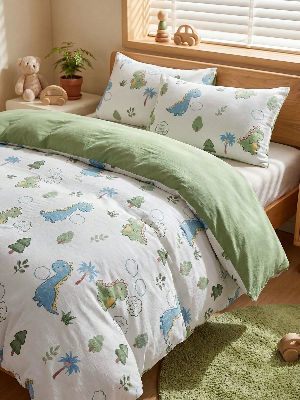 2/3pcs Cartoon Dinosaur Print Bedding Set, Cute Dinosaur Bed Linen Set, Suitable For Children All Seasons, Soft & Breathable, Machine Washable (1 Duvet Cover + 1/2 Pillowcase)