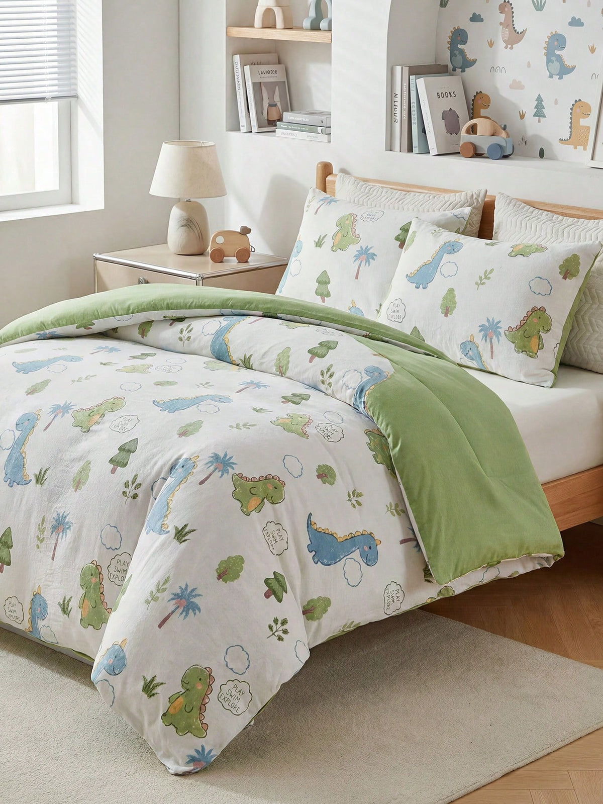 2/3pcs Cartoon Dinosaur Print Bedding Set, Cute Dinosaur Bed Linen Set, Suitable For Children All Seasons, Soft & Breathable, Machine Washable (1 Duvet Cover + 1/2 Pillowcase)