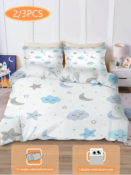 2/3PCS Cartoon Sleepy Cloud Moon Star Duvet Cover Set, Twin Full Size King Queen Bedding Set, Sweet Print Bedding Set For Girls Kids Teens 1 Quilt Cover + 1/2 Pillowcases All Seasons Use With Zipper C