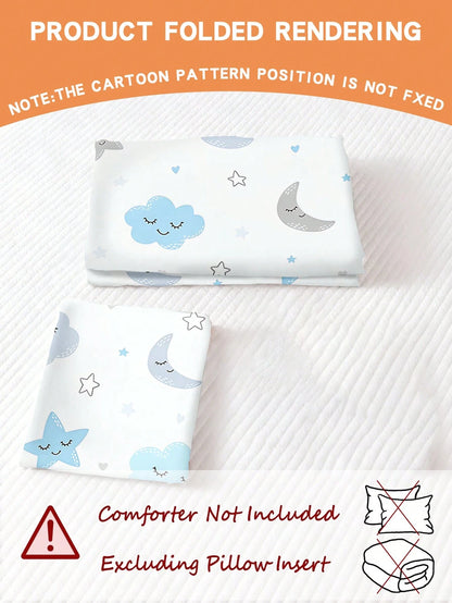 2/3PCS Cartoon Sleepy Cloud Moon Star Duvet Cover Set, Twin Full Size King Queen Bedding Set, Sweet Print Bedding Set For Girls Kids Teens 1 Quilt Cover + 1/2 Pillowcases All Seasons Use With Zipper C