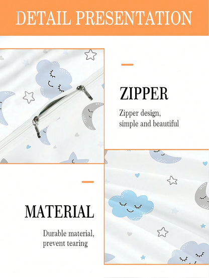 2/3PCS Cartoon Sleepy Cloud Moon Star Duvet Cover Set, Twin Full Size King Queen Bedding Set, Sweet Print Bedding Set For Girls Kids Teens 1 Quilt Cover + 1/2 Pillowcases All Seasons Use With Zipper C
