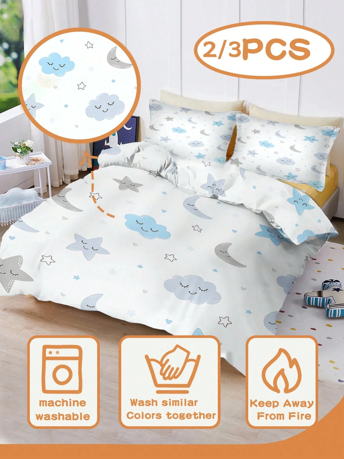 2/3PCS Cartoon Sleepy Cloud Moon Star Duvet Cover Set, Twin Full Size King Queen Bedding Set, Sweet Print Bedding Set For Girls Kids Teens 1 Quilt Cover + 1/2 Pillowcases All Seasons Use With Zipper C