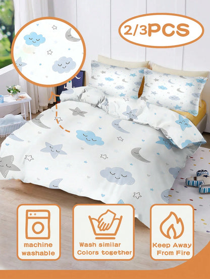 2/3PCS Cartoon Sleepy Cloud Moon Star Duvet Cover Set, Twin Full Size King Queen Bedding Set, Sweet Print Bedding Set For Girls Kids Teens 1 Quilt Cover + 1/2 Pillowcases All Seasons Use With Zipper C