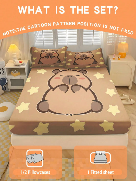 2/3PCS Cute Capybara Fitted Sheet Set Soft Breathable Bedding For All Seasons Twin/Full/Queen 100% Polyester Machine Washable
