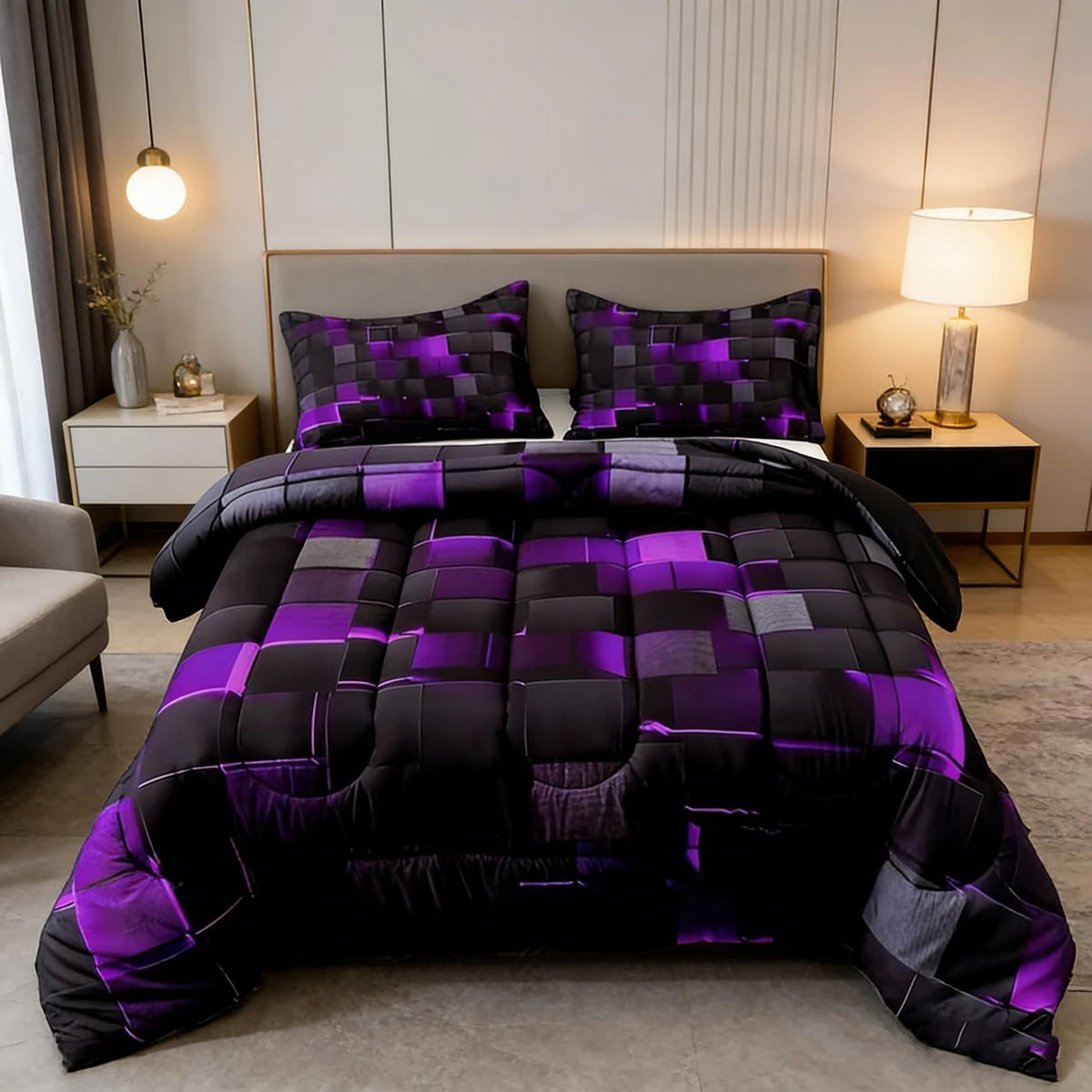 2/3pcs Futuristic Neon Grid Digital Printed Comforter Sets (Twin, Full, Queen, King Sizes), U-Shaped Quilting, 1 Comforter + 1/2 Pillowcases, Lightweight Breathable & Warm All-Season Bedding, Soft & D