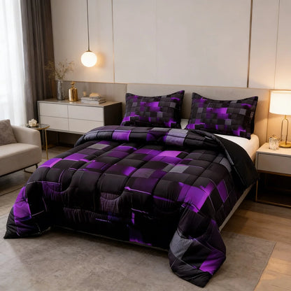 2/3pcs Futuristic Neon Grid Digital Printed Comforter Sets (Twin, Full, Queen, King Sizes), U-Shaped Quilting, 1 Comforter + 1/2 Pillowcases, Lightweight Breathable & Warm All-Season Bedding, Soft & D