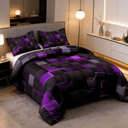 2/3pcs Futuristic Neon Grid Digital Printed Comforter Sets (Twin, Full, Queen, King Sizes), U-Shaped Quilting, 1 Comforter + 1/2 Pillowcases, Lightweight Breathable & Warm All-Season Bedding, Soft & D