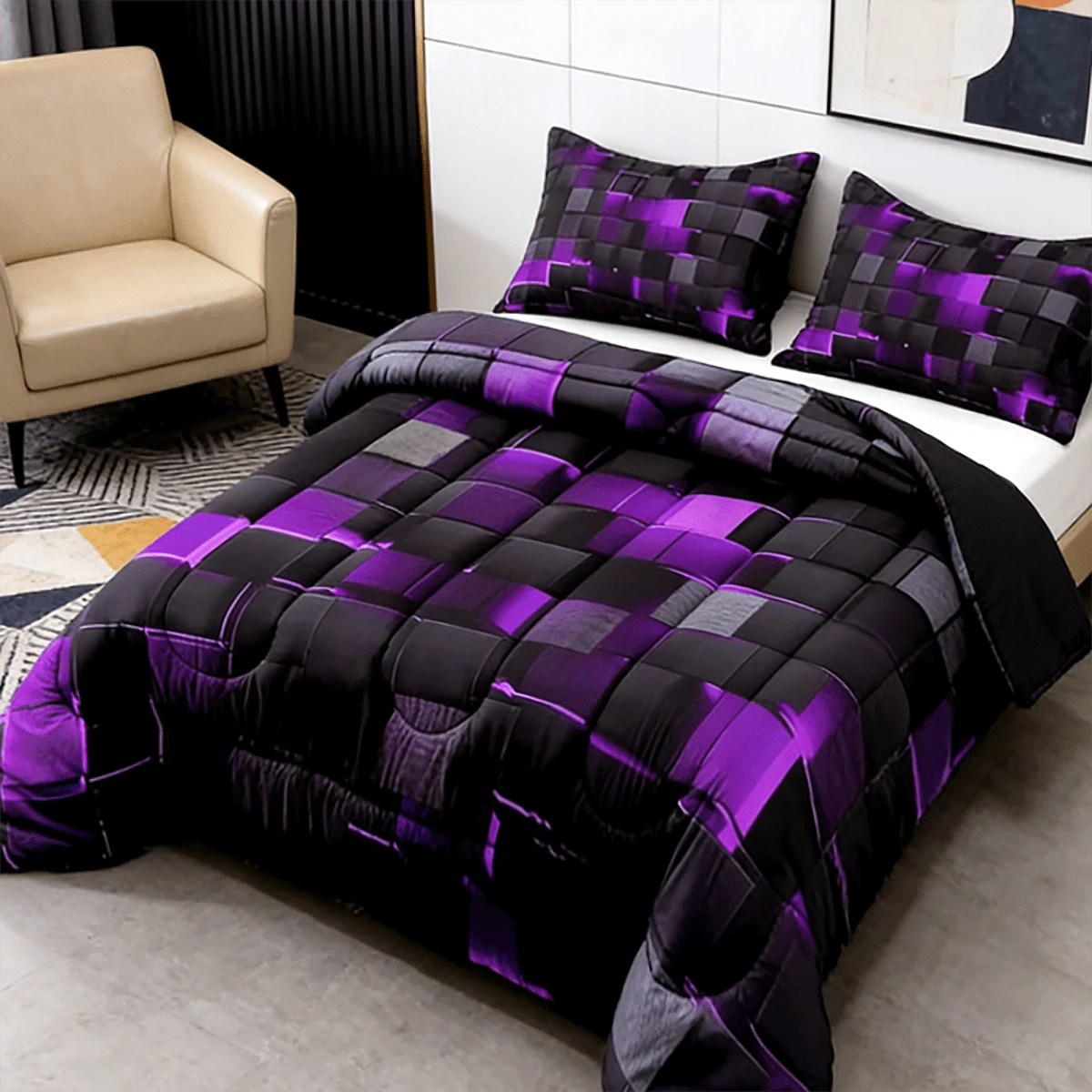 2/3pcs Futuristic Neon Grid Digital Printed Comforter Sets (Twin, Full, Queen, King Sizes), U-Shaped Quilting, 1 Comforter + 1/2 Pillowcases, Lightweight Breathable & Warm All-Season Bedding, Soft & D