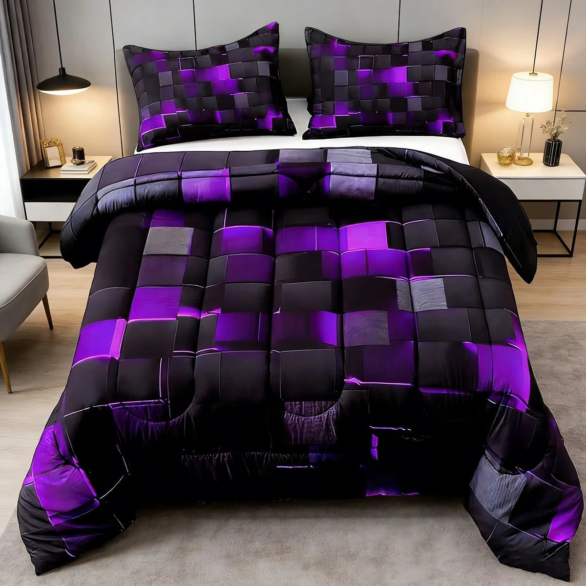 2/3pcs Futuristic Neon Grid Digital Printed Comforter Sets (Twin, Full, Queen, King Sizes), U-Shaped Quilting, 1 Comforter + 1/2 Pillowcases, Lightweight Breathable & Warm All-Season Bedding, Soft & D