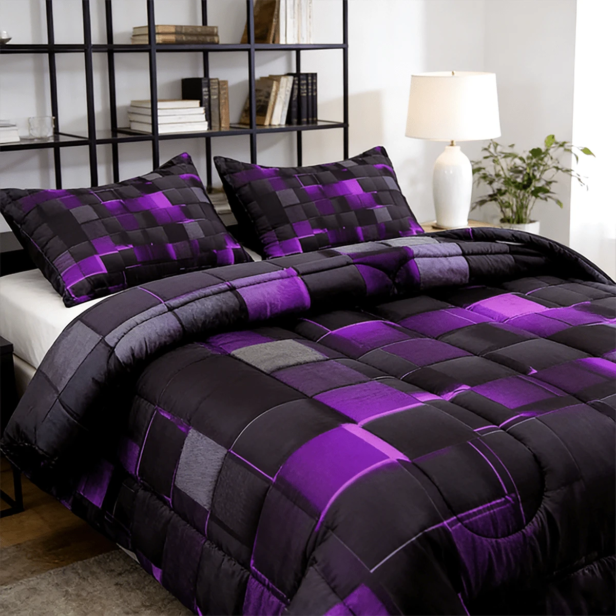 2/3pcs Futuristic Neon Grid Digital Printed Comforter Sets (Twin, Full, Queen, King Sizes), U-Shaped Quilting, 1 Comforter + 1/2 Pillowcases, Lightweight Breathable & Warm All-Season Bedding, Soft & D