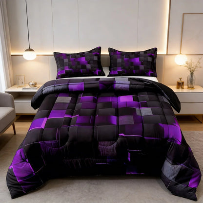 2/3pcs Futuristic Neon Grid Digital Printed Comforter Sets (Twin, Full, Queen, King Sizes), U-Shaped Quilting, 1 Comforter + 1/2 Pillowcases, Lightweight Breathable & Warm All-Season Bedding, Soft & D
