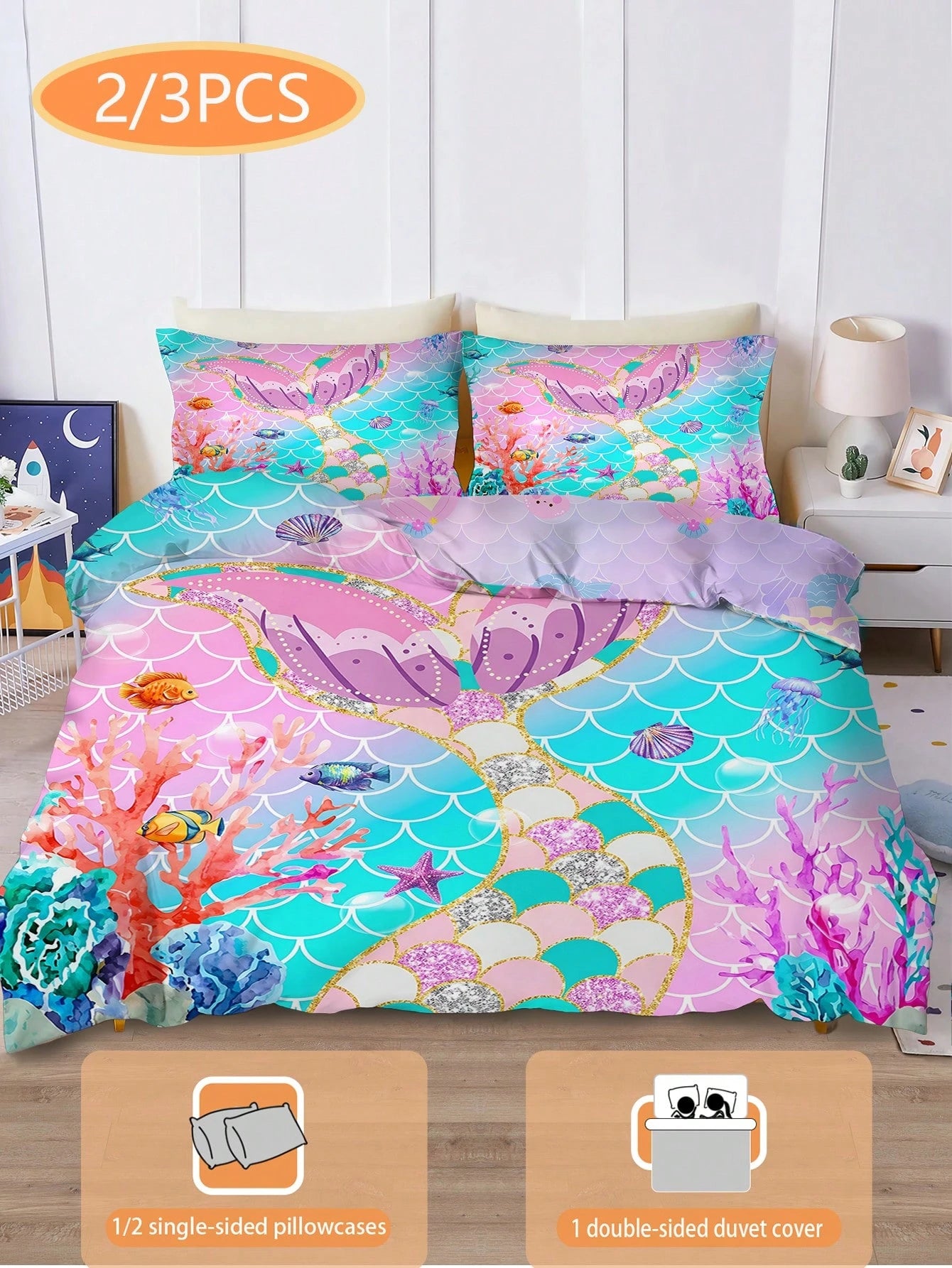 2/3PCS Glitter Mermaid Duvet Cover Set Twin Full Size King Queen Bedding Set Sweet Print Bedding Set For Girls Kids Teens All Seasons Use With Zipper Closure( No Filler) 100% Polyester