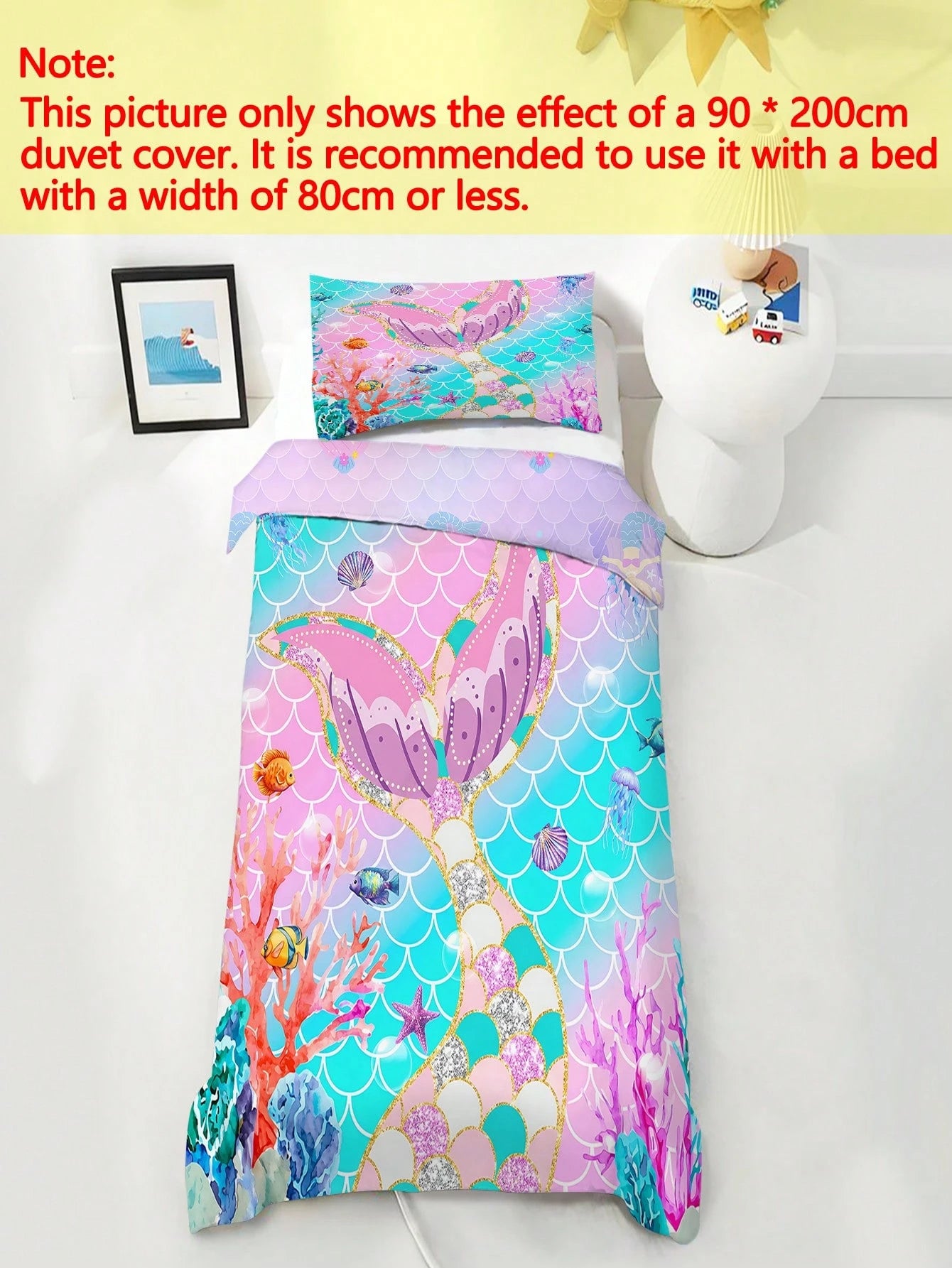 2/3PCS Glitter Mermaid Duvet Cover Set Twin Full Size King Queen Bedding Set Sweet Print Bedding Set For Girls Kids Teens All Seasons Use With Zipper Closure( No Filler) 100% Polyester