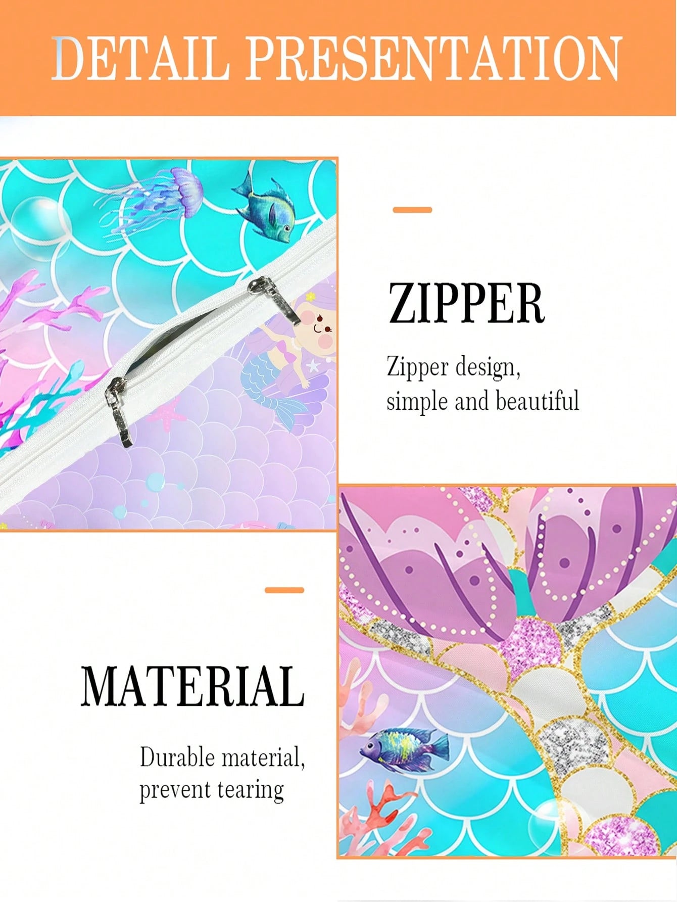 2/3PCS Glitter Mermaid Duvet Cover Set Twin Full Size King Queen Bedding Set Sweet Print Bedding Set For Girls Kids Teens All Seasons Use With Zipper Closure( No Filler) 100% Polyester