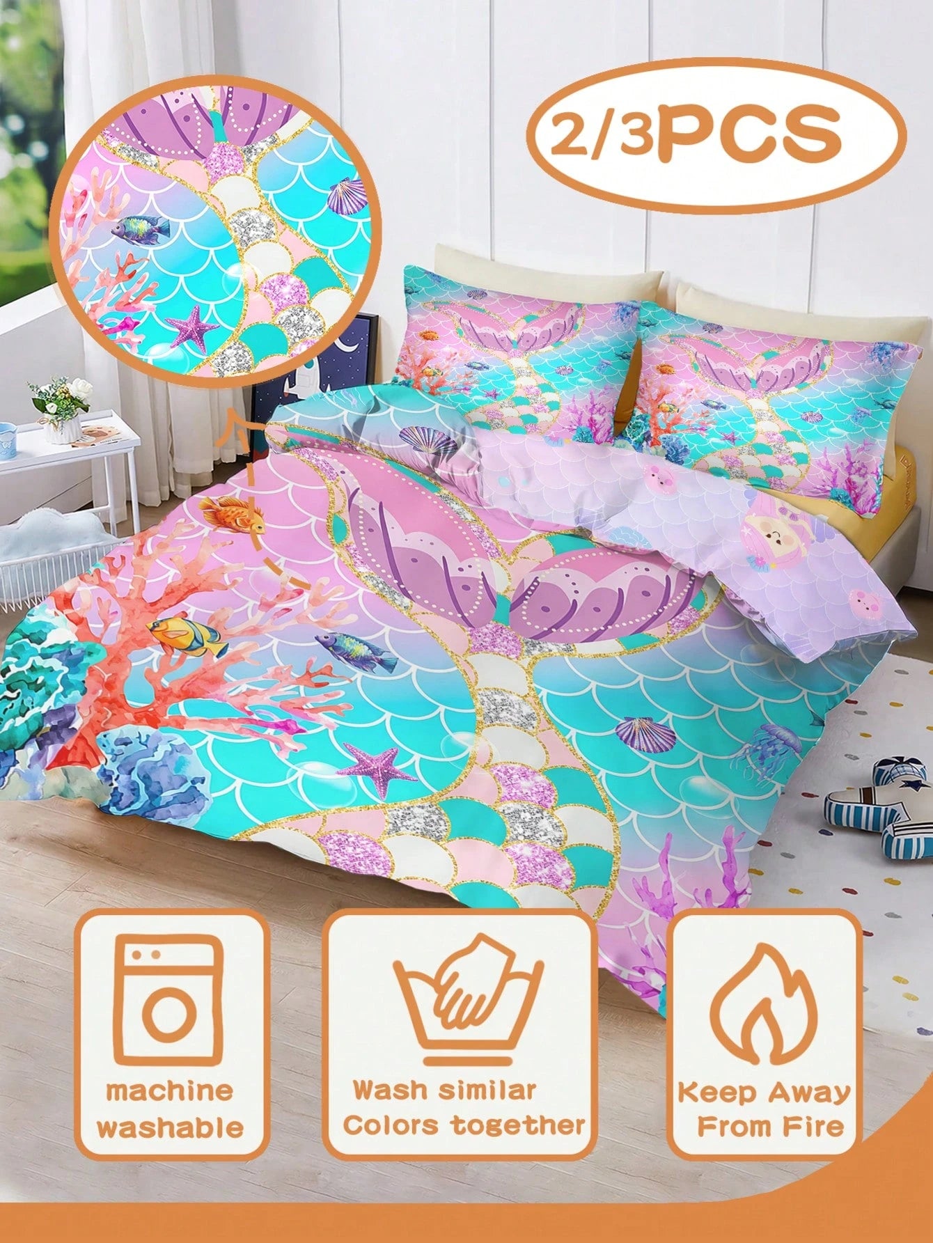 2/3PCS Glitter Mermaid Duvet Cover Set Twin Full Size King Queen Bedding Set Sweet Print Bedding Set For Girls Kids Teens All Seasons Use With Zipper Closure( No Filler) 100% Polyester