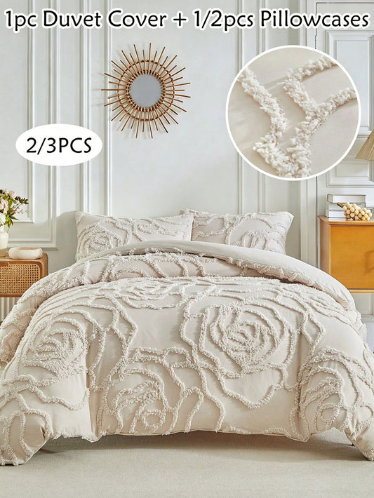 2/3pcs Khaki Rose Tufted Jacquard Polyester Duvet Cover Set, Modern Luxury All Season Bedding Set (1 Duvet Cover + 1/2 Pillow Shams), Soft & Breathable, No Filling