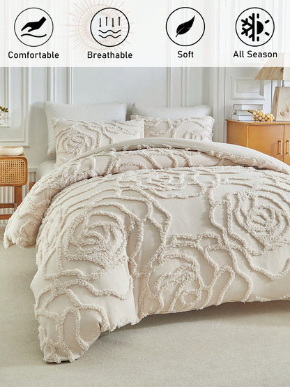 2/3pcs Khaki Rose Tufted Jacquard Polyester Duvet Cover Set, Modern Luxury All Season Bedding Set (1 Duvet Cover + 1/2 Pillow Shams), Soft & Breathable, No Filling
