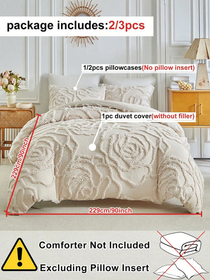 2/3pcs Khaki Rose Tufted Jacquard Polyester Duvet Cover Set, Modern Luxury All Season Bedding Set (1 Duvet Cover + 1/2 Pillow Shams), Soft & Breathable, No Filling