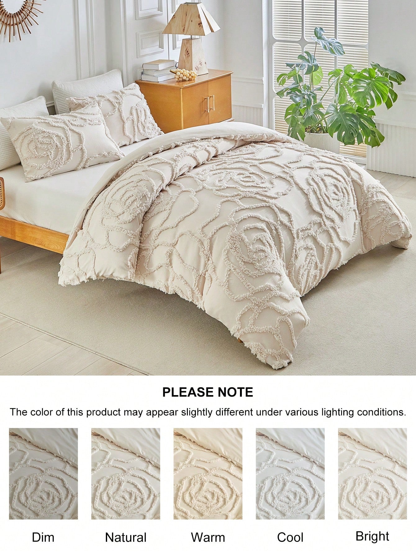 2/3pcs Khaki Rose Tufted Jacquard Polyester Duvet Cover Set, Modern Luxury All Season Bedding Set (1 Duvet Cover + 1/2 Pillow Shams), Soft & Breathable, No Filling
