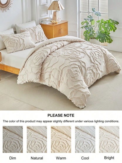 2/3pcs Khaki Rose Tufted Jacquard Polyester Duvet Cover Set, Modern Luxury All Season Bedding Set (1 Duvet Cover + 1/2 Pillow Shams), Soft & Breathable, No Filling