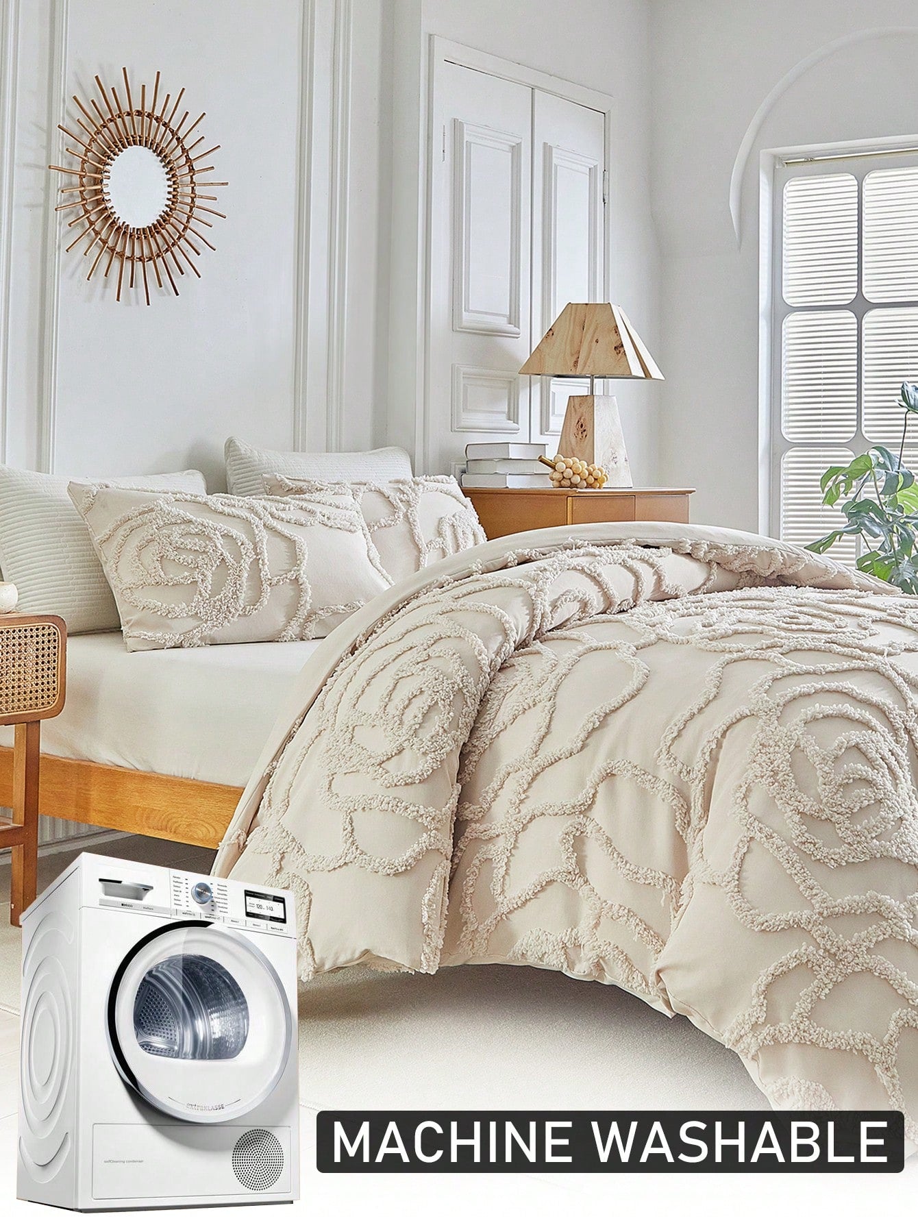 2/3pcs Khaki Rose Tufted Jacquard Polyester Duvet Cover Set, Modern Luxury All Season Bedding Set (1 Duvet Cover + 1/2 Pillow Shams), Soft & Breathable, No Filling