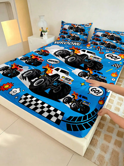 2/3PCS Little Boys Cartoon Monster Truck Flame Checkered Flag Print Polyester Ultra Soft 30cm Deep Pocket Full Surround Elastic Wrinkle Resistant Fitted Sheet Cool Racing Car Style Mattress Cover For
