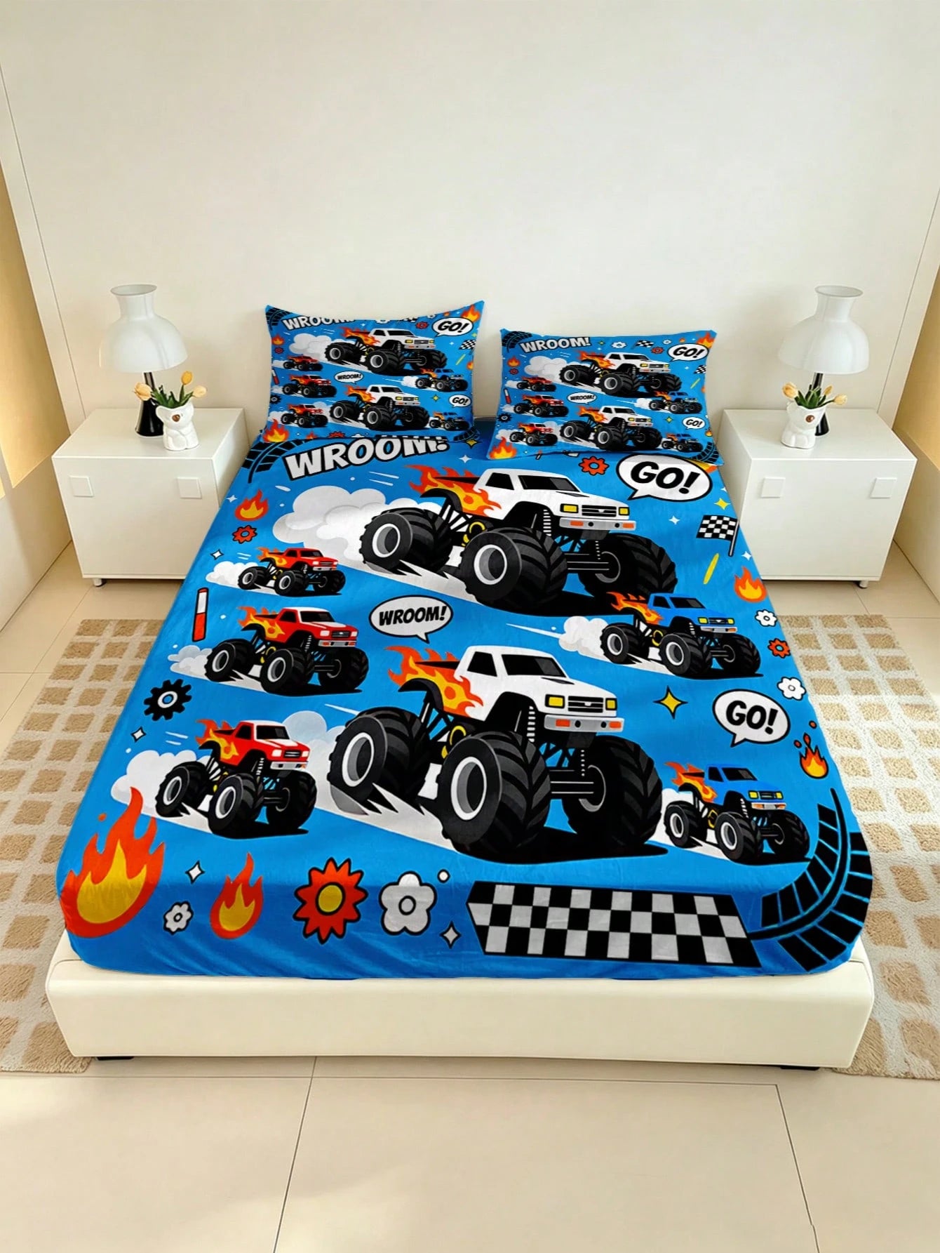 2/3PCS Little Boys Cartoon Monster Truck Flame Checkered Flag Print Polyester Ultra Soft 30cm Deep Pocket Full Surround Elastic Wrinkle Resistant Fitted Sheet Cool Racing Car Style Mattress Cover For