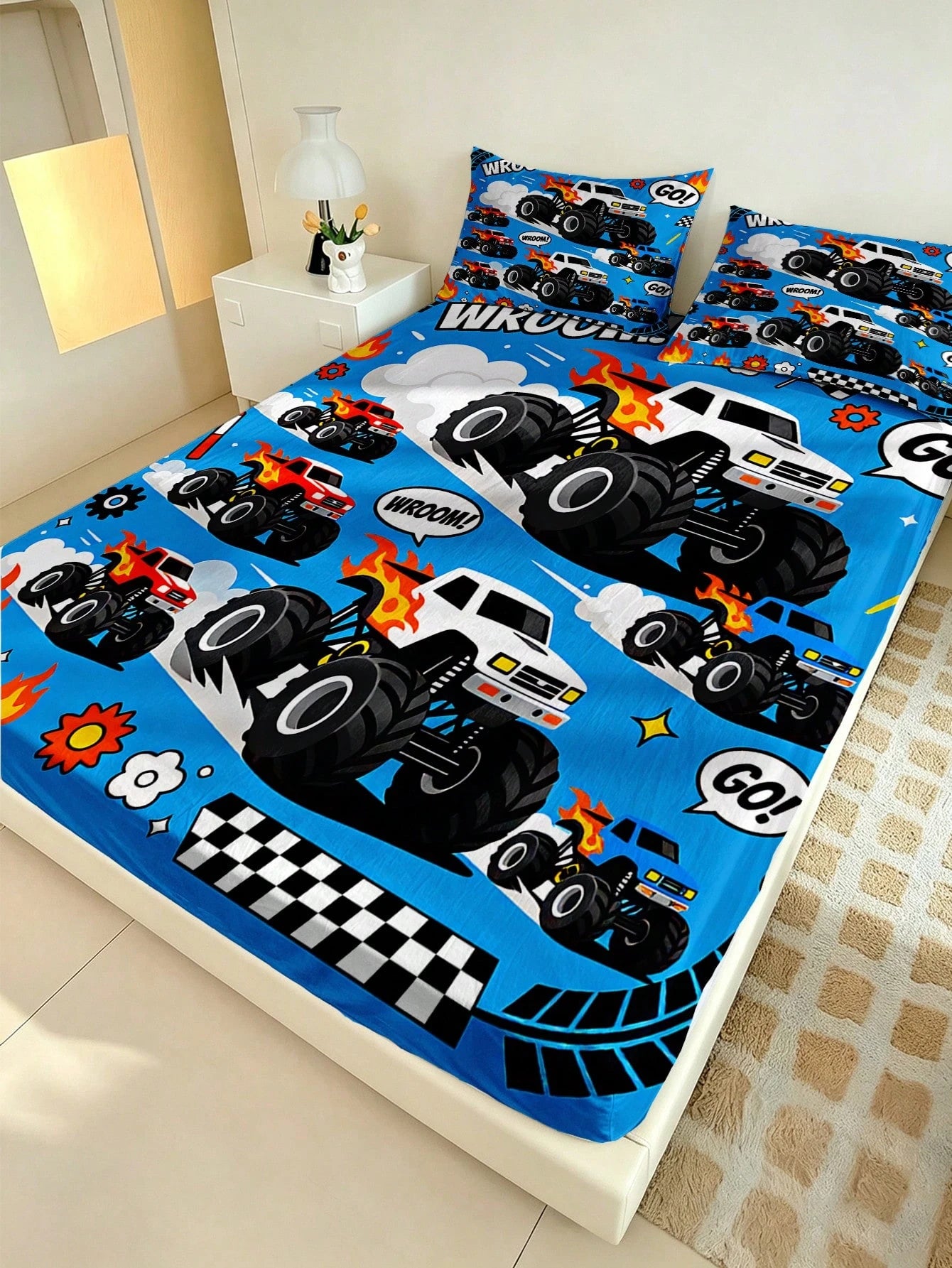 2/3PCS Little Boys Cartoon Monster Truck Flame Checkered Flag Print Polyester Ultra Soft 30cm Deep Pocket Full Surround Elastic Wrinkle Resistant Fitted Sheet Cool Racing Car Style Mattress Cover For