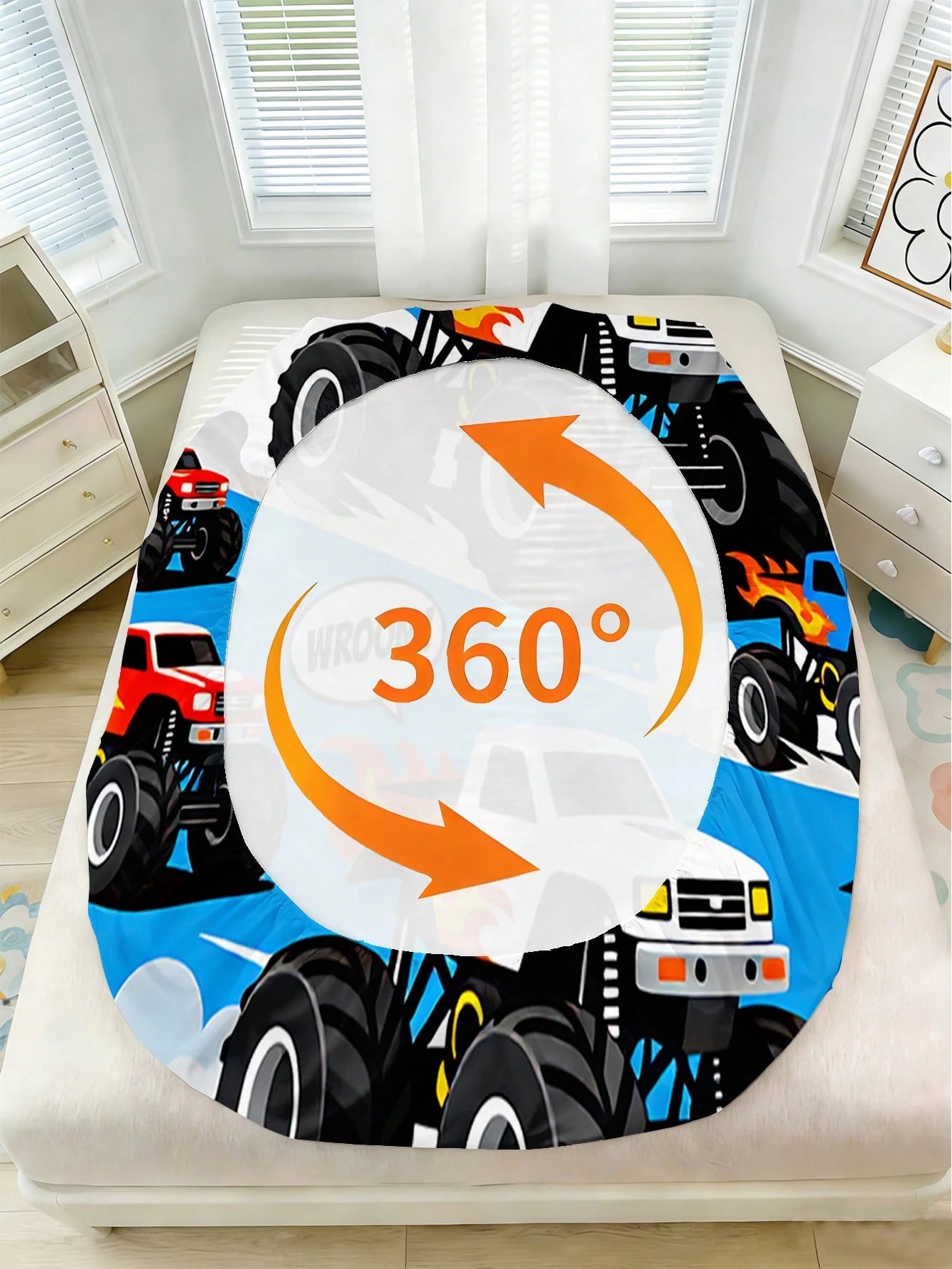 2/3PCS Little Boys Cartoon Monster Truck Flame Checkered Flag Print Polyester Ultra Soft 30cm Deep Pocket Full Surround Elastic Wrinkle Resistant Fitted Sheet Cool Racing Car Style Mattress Cover For