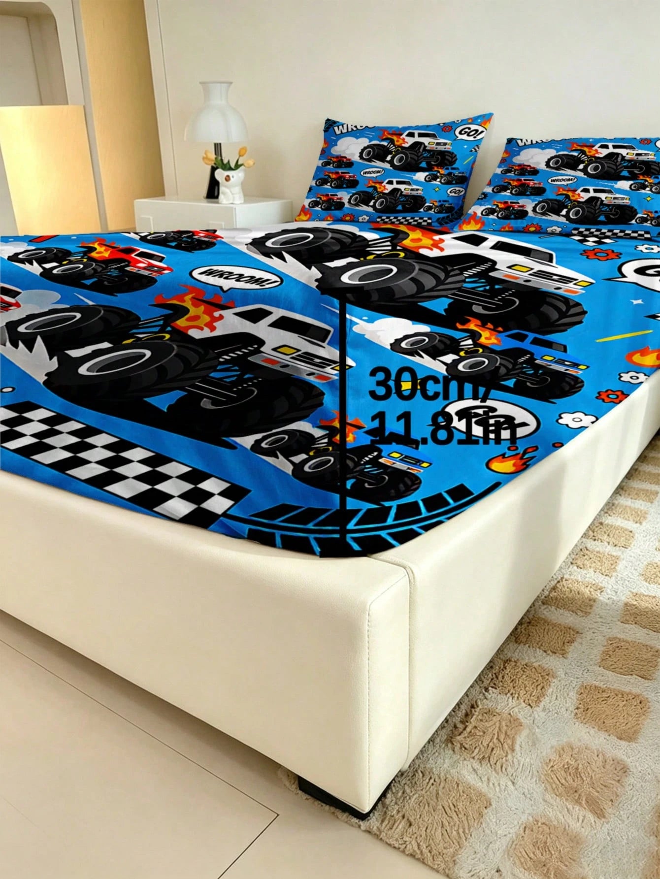2/3PCS Little Boys Cartoon Monster Truck Flame Checkered Flag Print Polyester Ultra Soft 30cm Deep Pocket Full Surround Elastic Wrinkle Resistant Fitted Sheet Cool Racing Car Style Mattress Cover For