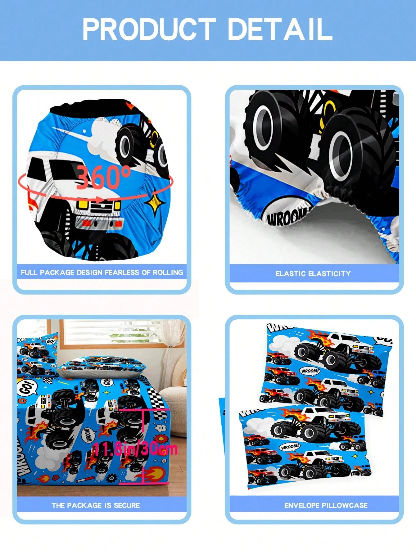 2/3PCS Little Boys Cartoon Monster Truck Flame Checkered Flag Print Polyester Ultra Soft 30cm Deep Pocket Full Surround Elastic Wrinkle Resistant Fitted Sheet Cool Racing Car Style Mattress Cover For