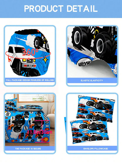 2/3PCS Little Boys Cartoon Monster Truck Flame Checkered Flag Print Polyester Ultra Soft 30cm Deep Pocket Full Surround Elastic Wrinkle Resistant Fitted Sheet Cool Racing Car Style Mattress Cover For