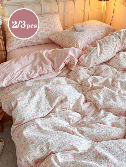 2/3pcs Pink Plaid Heart Pattern Minimalist Twin XL Dorm Bedding Set, Back To School Student Dorm Use, Super Soft Washed Brushed Duvet Cover & Pillowcase Set, Sweet & Cute Girls Style, Spring/Summer, T