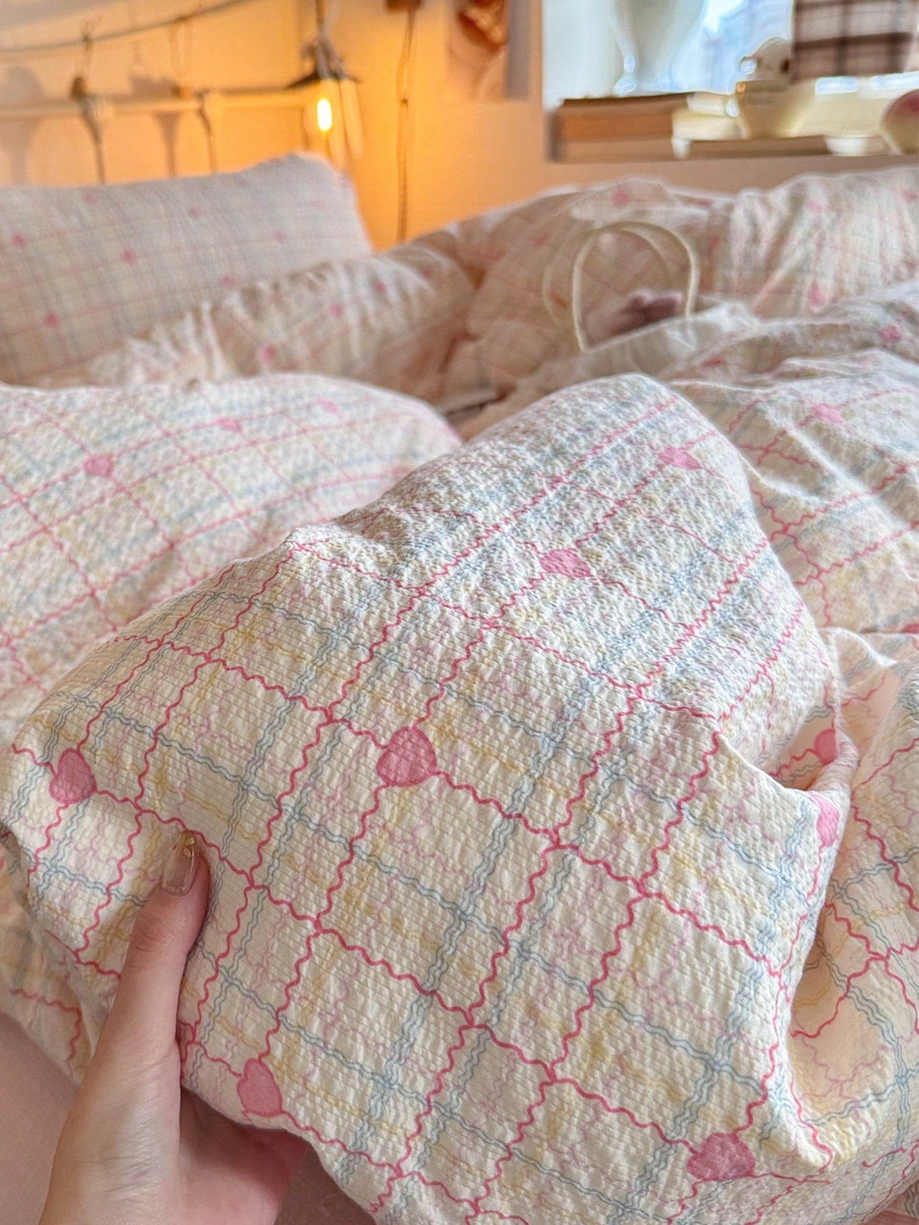 2/3pcs Pink Plaid Heart Pattern Minimalist Twin XL Dorm Bedding Set, Back To School Student Dorm Use, Super Soft Washed Brushed Duvet Cover & Pillowcase Set, Sweet & Cute Girls Style, Spring/Summer, T