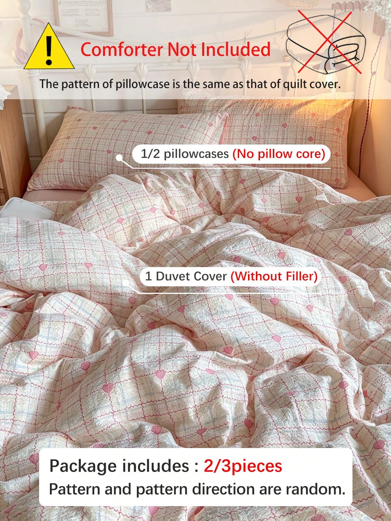 2/3pcs Pink Plaid Heart Pattern Minimalist Twin XL Dorm Bedding Set, Back To School Student Dorm Use, Super Soft Washed Brushed Duvet Cover & Pillowcase Set, Sweet & Cute Girls Style, Spring/Summer, T