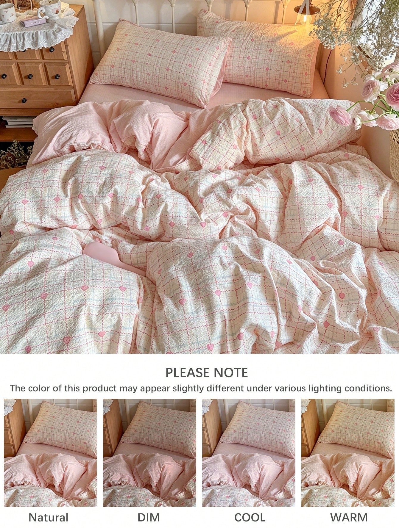 2/3pcs Pink Plaid Heart Pattern Minimalist Twin XL Dorm Bedding Set, Back To School Student Dorm Use, Super Soft Washed Brushed Duvet Cover & Pillowcase Set, Sweet & Cute Girls Style, Spring/Summer, T