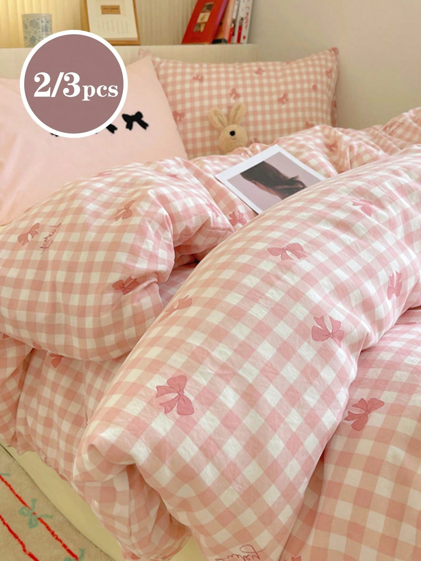 2/3pcs Pink Plaid Heart Pattern Minimalist Twin XL Dorm Bedding Set, Back To School Student Dorm Use, Super Soft Washed Brushed Duvet Cover & Pillowcase Set, Sweet & Cute Girls Style, Spring/Summer, T