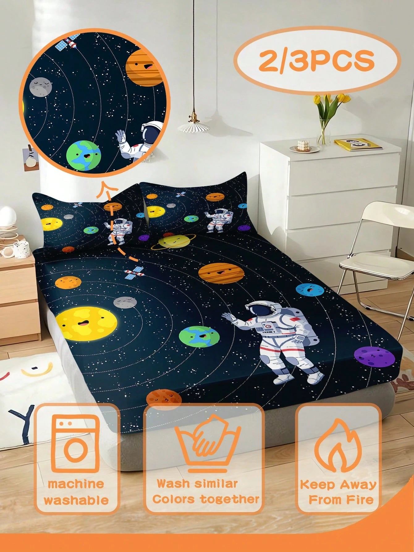 2/3PCS Space Cartoon Astronaut Fitted Sheet Set Soft Breathable Bedding For All Seasons Twin/Full/Queen 100% Polyester Machine Washable