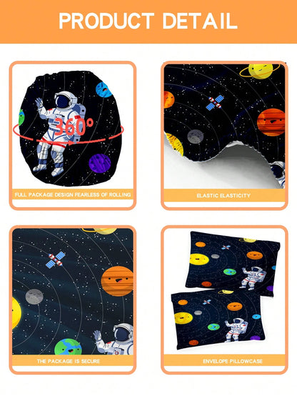 2/3PCS Space Cartoon Astronaut Fitted Sheet Set Soft Breathable Bedding For All Seasons Twin/Full/Queen 100% Polyester Machine Washable