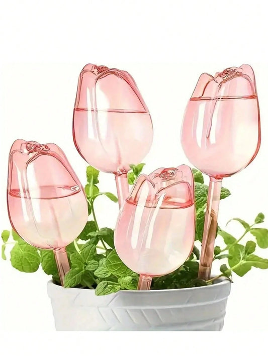 2/4 Pcs Pink Tulip Watering Globes, Narrow Mouth Design Extends Watering Time, Suitable For Indoor And Outdoor Plants, Self-Watering Planter