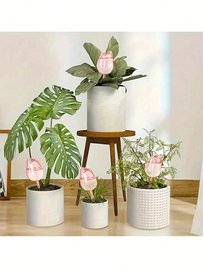 2/4 Pcs Pink Tulip Watering Globes, Narrow Mouth Design Extends Watering Time, Suitable For Indoor And Outdoor Plants, Self-Watering Planter