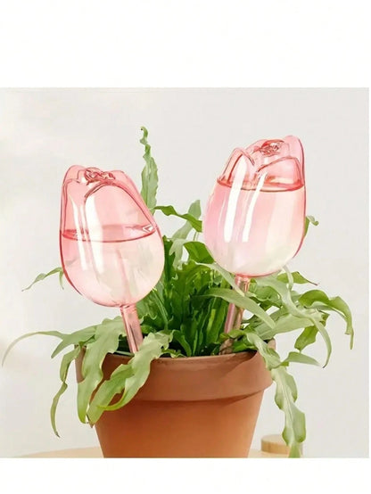 2/4 Pcs Pink Tulip Watering Globes, Narrow Mouth Design Extends Watering Time, Suitable For Indoor And Outdoor Plants, Self-Watering Planter