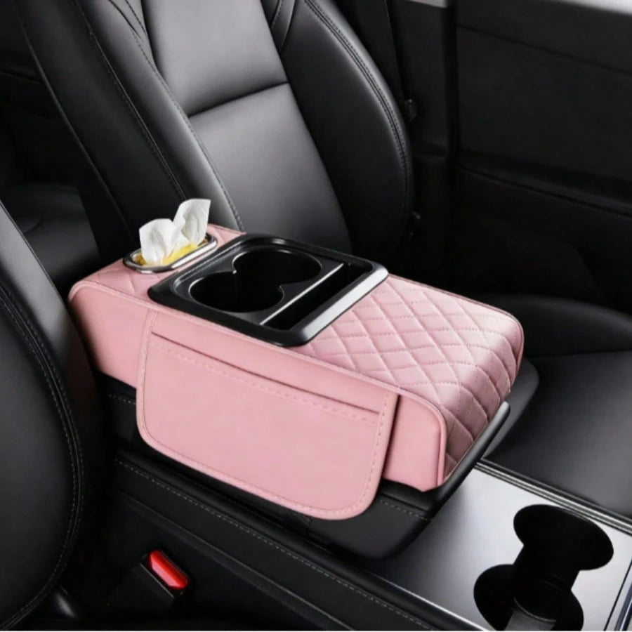 2.95in Black Car Armrest Cushion Leather Center Console Covers 5-In-1 Armrest Organizer With Storage Box,Tissue Box,Cup Holder,Phone Slot, Middle Console Cover Cushion Pad Car Interior Organizers Long