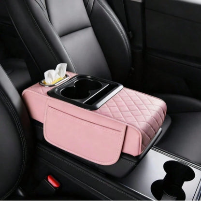 2.95in Black Car Armrest Cushion Leather Center Console Covers 5-In-1 Armrest Organizer With Storage Box,Tissue Box,Cup Holder,Phone Slot, Middle Console Cover Cushion Pad Car Interior Organizers Long