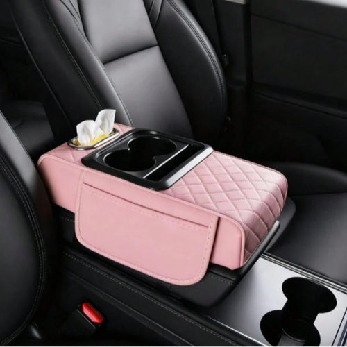 2.95in Black Car Armrest Cushion Leather Center Console Covers 5-In-1 Armrest Organizer With Storage Box,Tissue Box,Cup Holder,Phone Slot, Middle Console Cover Cushion Pad Car Interior Organizers Long
